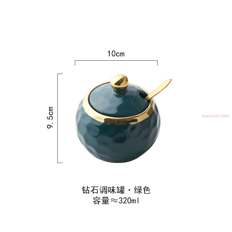 Gold-plated Ceramic Seasoning Jar with Lid Spoon Household Sugar Bowl Chili Box Kitchen Food Container Spice Organizer Rack: light green