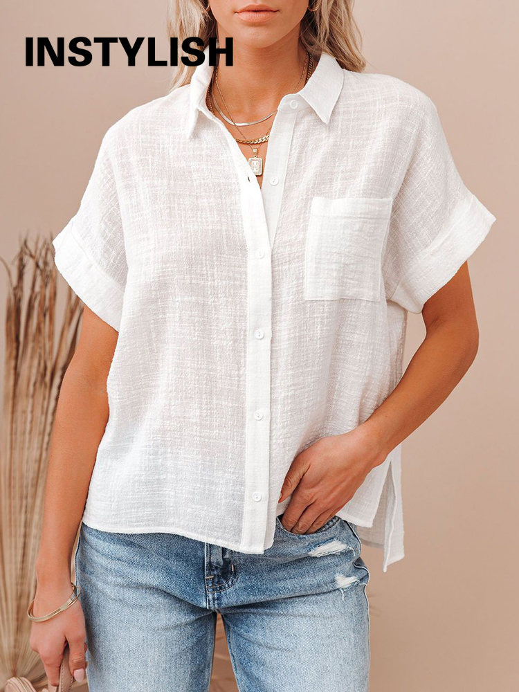 Casual Solid Short Sleeve Cotton Linen Loose Blouse Vintage Harajuku Oversized Shirt Tunic Summer Tops Women