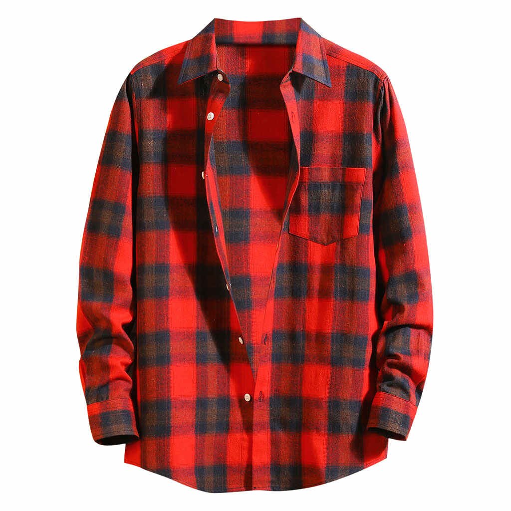 Green Plaid Print Men Shirt Classic Turn-Down Collar Chemise Homme Long Sleeve Casual Mens Shirts Slim Button Streetwear: Red / XXL