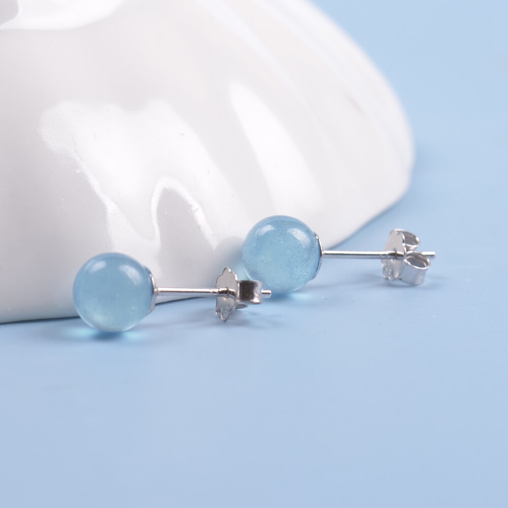 MosDream Aquamarin Ohrringe Stud s925 Silber Natürliche Edelstein Runde Blau Ohrring Schmuck für Frauen Klassische Partei