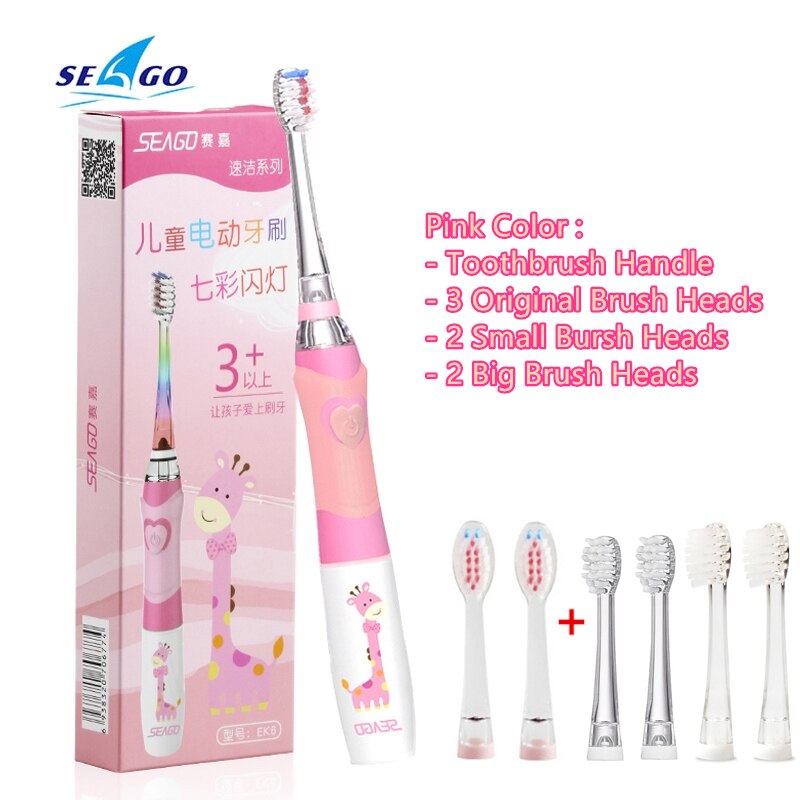 SEAGO Kinder Sonic Elektrische Zahnbürste Betriebene Wasserdichte LED Licht für 3-12 Alter Kinder Smart-Timer 3 Weichen Borsten pinsel Köpfe: Pink and 2Big2Small