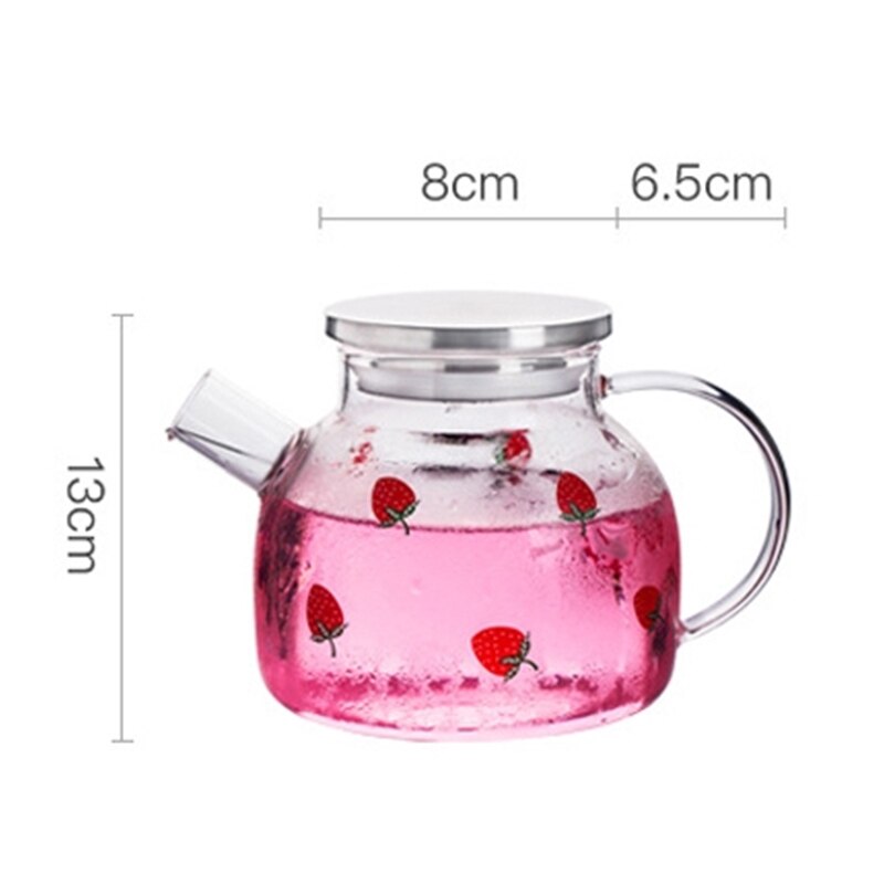 Glass Water Pitcher with Strawberry Pattern Glass Jug with Stainless Steel Lid and Filter Heat Resistant Carafe Glass Cup Set: 1L