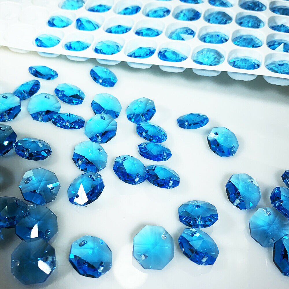 Camal 50 sztuk 14MM błękitny żyrandol pryzmat kryształ ośmioboczna luźne koraliki 2 otwory lampa część Suncatcher girlanda wiszące DIY