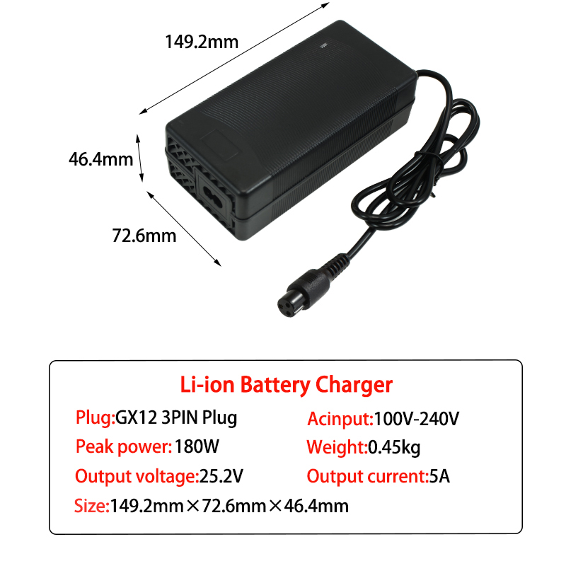 25.2V 5A Lithium Charger DC5521 Connector For 6Series 22.2V 21.6V Li-ion Fast Battery Charger Input voltage 100-240V