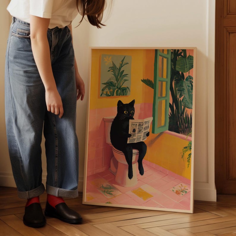 Funny Toilet Cat Canvas Prints Poster Japanese Dopamine Aesthetic for Cat Lovers Bathroom Wash Room Home Decor Art Poster