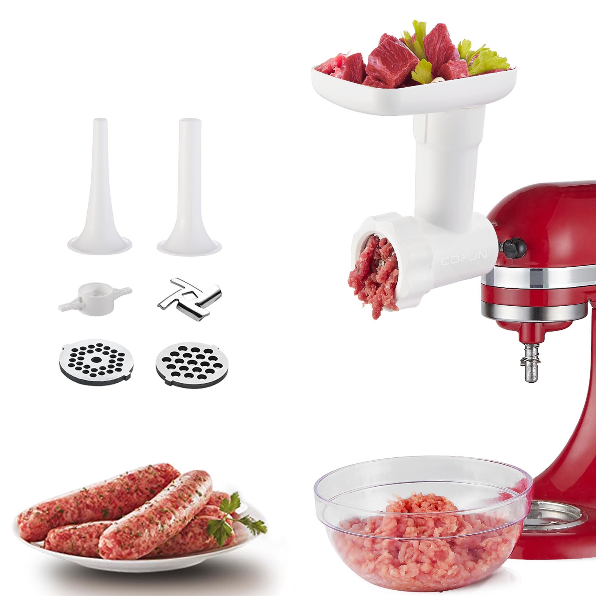 Accesorio de amoladora de alimentos para amasadoras con base de KitchenAid, incluye relleno de salchichas, placas de molienda, picadora de carne, acoplador