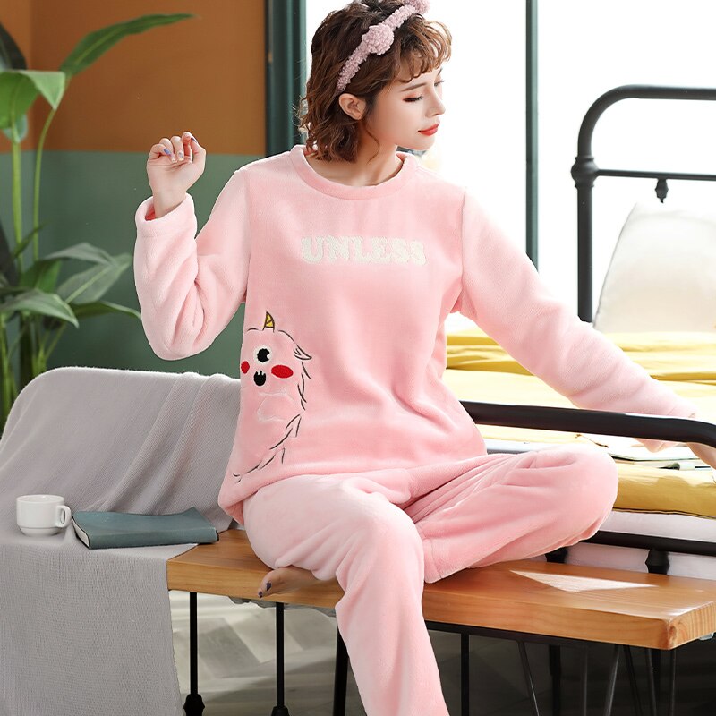 Coral couple pyjamas men and women autumn/winter long sleeve less plush home suit thickened: Women / XXL