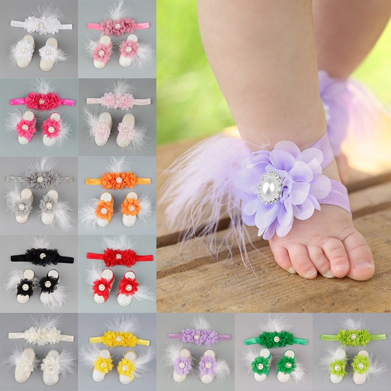 Baby Girls Flower Sandal Headband Elastic Hairband & Toddler Barefoot Sandals Cute 1 Pair Infant Photo Prop Set