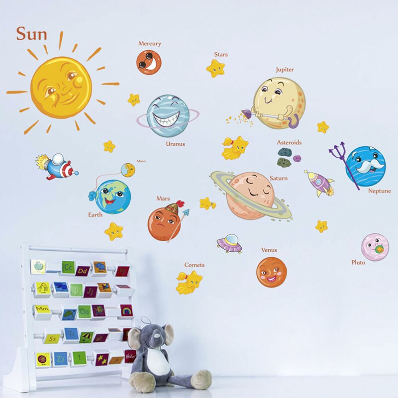 Pegatina de pared de planetas del Sistema Solar educativo, pegatina de decoración para habitación de chico del universo espacial, 1 Uds.