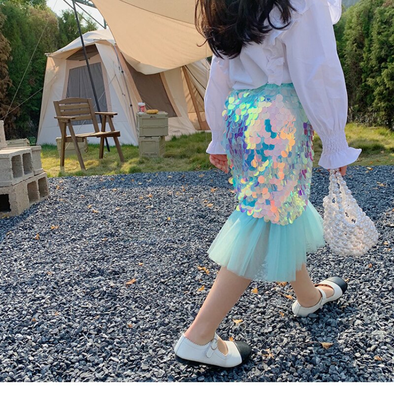 Jupe trompette à paillettes pour filles, vêtements d&#39;été pour enfants, jupes de princesse en maille, taille haute, bleu, 2022