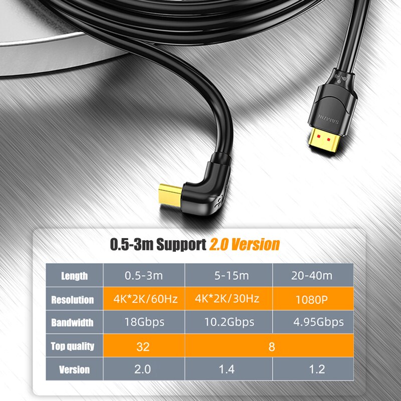 SAMZHE 4K HDMI 2.0 Cable 90/270 Degree Angle Adapter HDMI Cable 2K*4K 1080P 3D for TV PC Projector PS3 PS4 Laptop