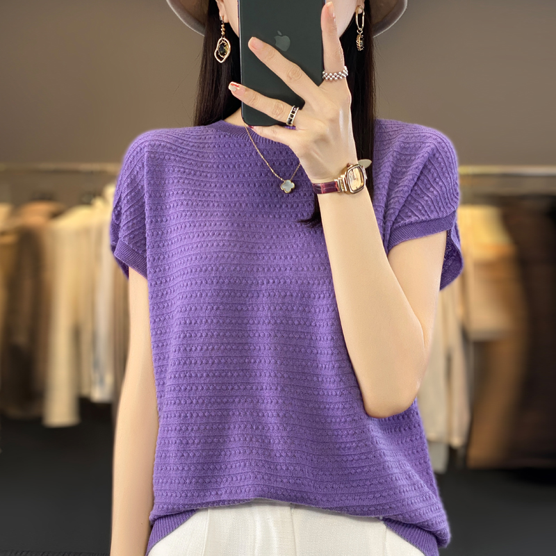 Neue Wolle Lyocell Kurzarm T-shirts Pullover frauen Oansatz Batwing Hülse Pullover Weste Sommer Gestrickte Bodenbildung T-shirt