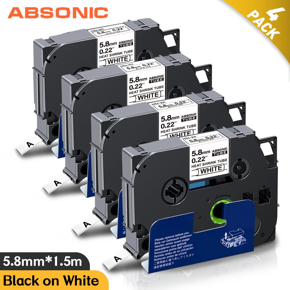 Absonic 4PK HSe-211 5.8mm nastro compatibile per Brother HSe 211 HSe211 nastro termoretraibile per etichette Brother p-touch