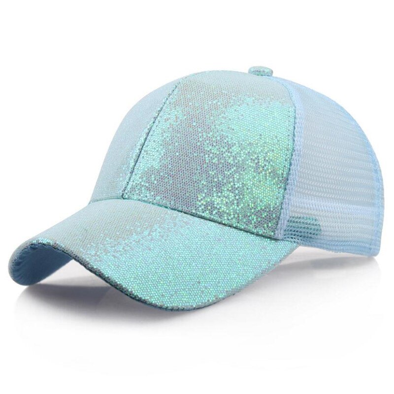 Dame mesh lerret baseball cap trucker lue sommer solbeskyttelse baseball paljetter cap 7 farger: Himmelblå