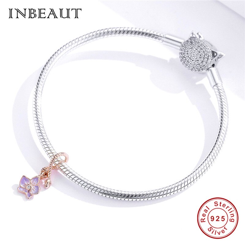 INBEAUT 100% 925 Sterling silber Rose Gold schmetterling orchidee anhänger charme für frau Armbinde oder halskette DIY schmuck