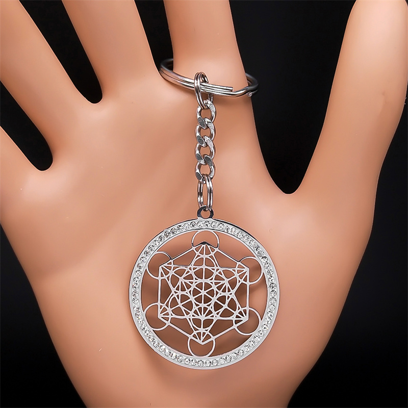 Blume des Lebens Edelstahl Kristall Anhänger Halskette Metatron Heilige Geometrie Symbol Halskette Schmuck Schmuckstück femme N4833S02: Rhodium überzogen