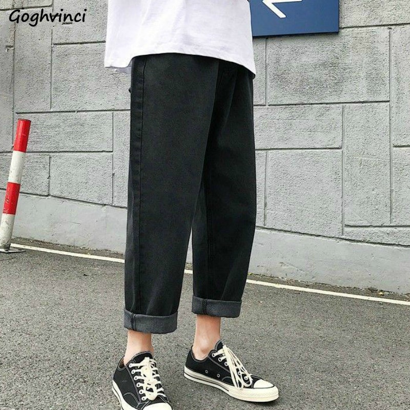 Svarta jeans herr solid ankellång dragsko tvättad casual plus size 3xl lös herr enkel harajuku daglig streetwear denim chic