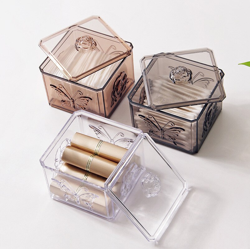 XUNZHE Plastic Rose Cover Dust-proof Cosmetic Box Transparent Carved Lipstick Finishing Box Cotton Swab Box Desk Organizer Box