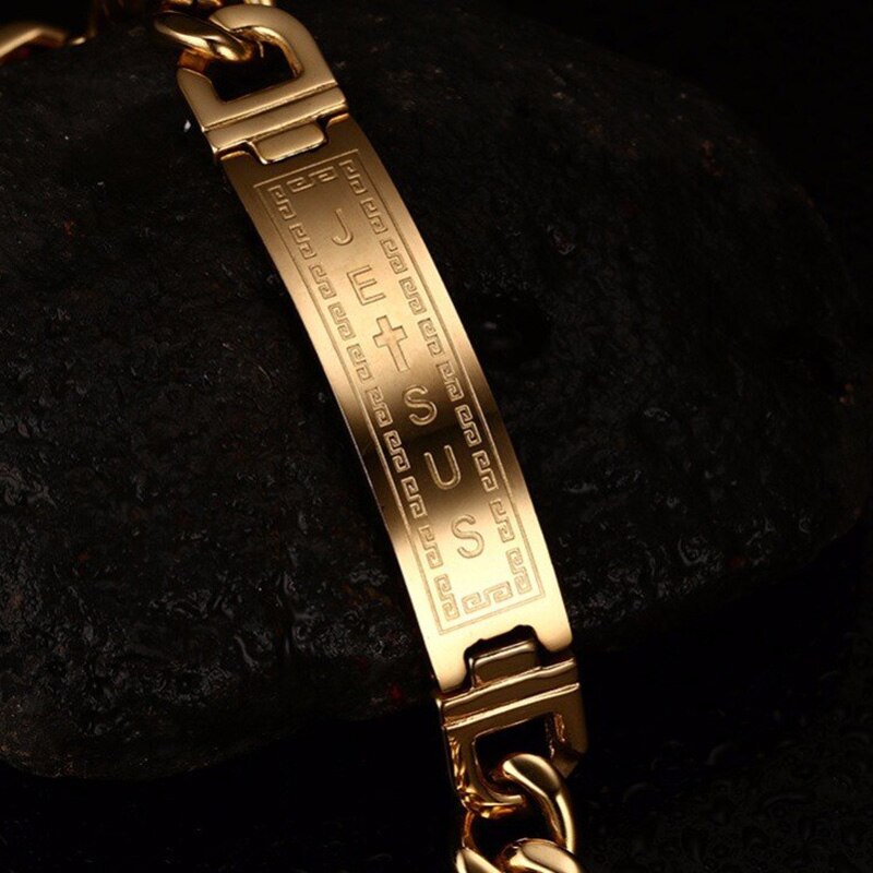 Høj mængde 316l rustfrit stål punk armbånd jesus cross guld farve kæde charm armbånd til mænd fine smykker