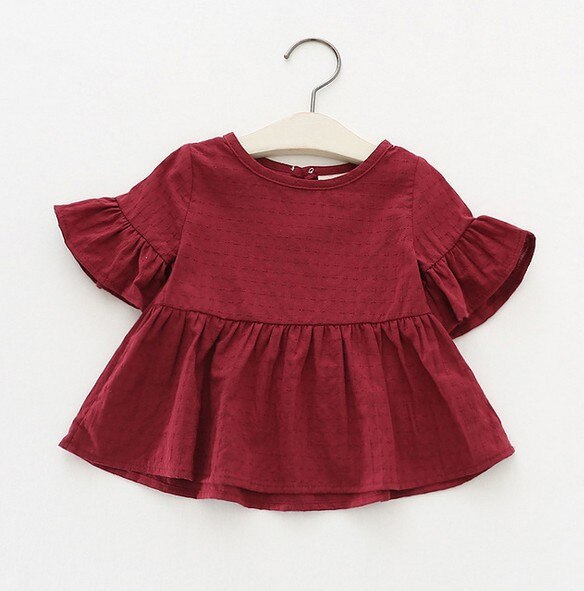 Summer Baby Girl's Cotton Flounced Sleeves round Neck Girl's Shirt Girl's Shirt: Red / 4T