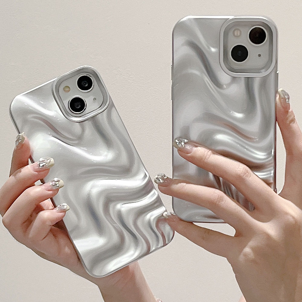 Funda de teléfono plateada mate con ondas de agua para iPhone 16, 15, 14, 13, 12, 11 Pro Max 16 Pro, funda protectora suave antiarrugas a prueba de golpes
