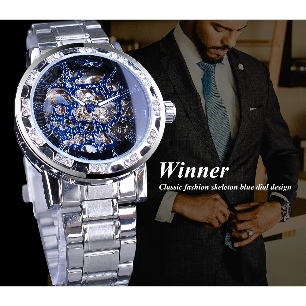 Winnaar Blauw Horloges Diamant Skeleton heren Mechanische Horloges Klok Mannelijke Lichtgevende Handen Zilver Rvs