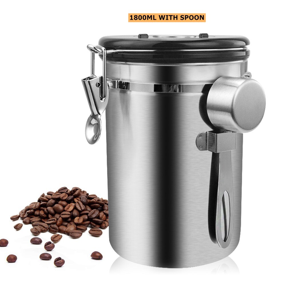 Stainless Steel Coffee Canister With Scoop Airtight Coffee Container Storage Set For Coffee Beans Tea: 1800ML WITH SPOON
