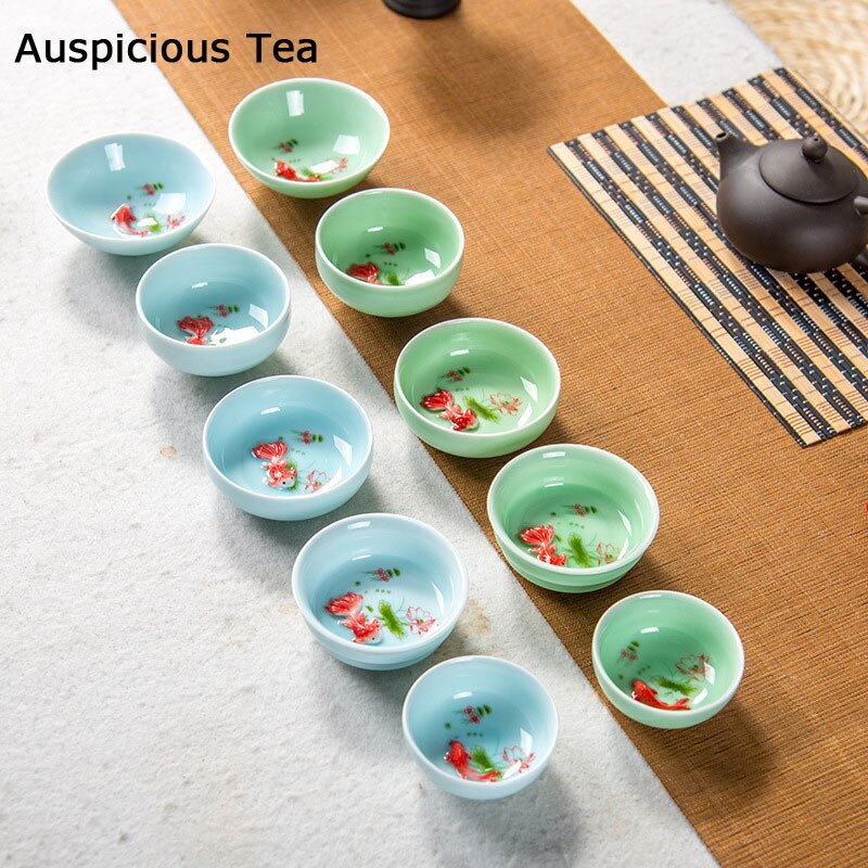 Chinees Porselein Tea Kopjes Sets Reizen Keramische Groene Thee Cup Smaak Kung Fu Thee Kom Ceremonie Celadon Vis Theekopje Theewaar