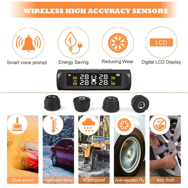 Draadloze slimme bandenmonitor op zonne-energie, tpms-bandenspanningscontrolesysteem op zonne-energie met 4 externe sensoren, ,6 alarmmodi
