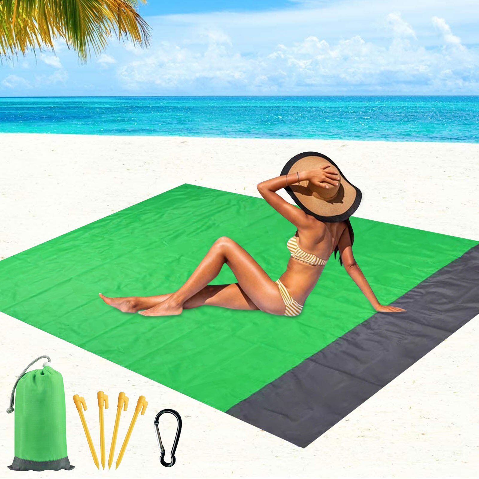 Coperta da spiaggia portatile impermeabile a prova d'umidità stuoia da Picnic all'aperto con borsa picchetti moschettone per campeggio spiaggia escursionismo 79x83in: Green