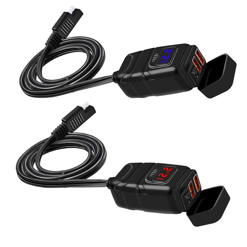 Motorcycle Handlebar 12V SAE Dual QC3.0 USB Car Charger Adapter with Voltmeter ,Dual USB Super Fast Charger