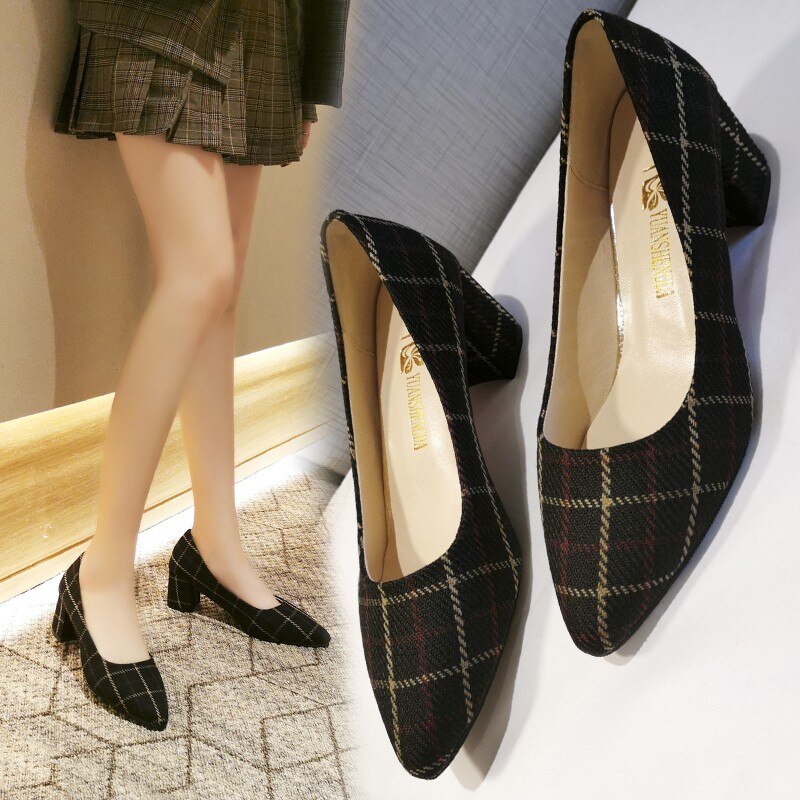Plus Size Women Dress Shoes Ol Office Lady Shoes Costume Tweed Pump Plaid Boat Shoes Pointed Toe Ladies Shoe zapatos mujer 7905N