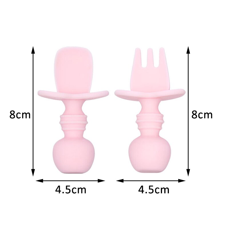 2 kpl/setti vauvan lusikka-haarukkasetti elintarvikelaatuinen silikoni lyhytvartinen vauvan koulutuslusikka-haarukkasetti söpö sarjakuva vauvan ruokailuvälineet: Vaaleanpunainen