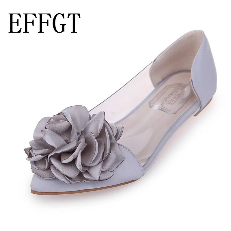 EFFGT Spring Flats Women Shoes Transparent Flower Leisure Ballerina Shoes Pointed Toe Slip On Shallow Casual single Shoes K140