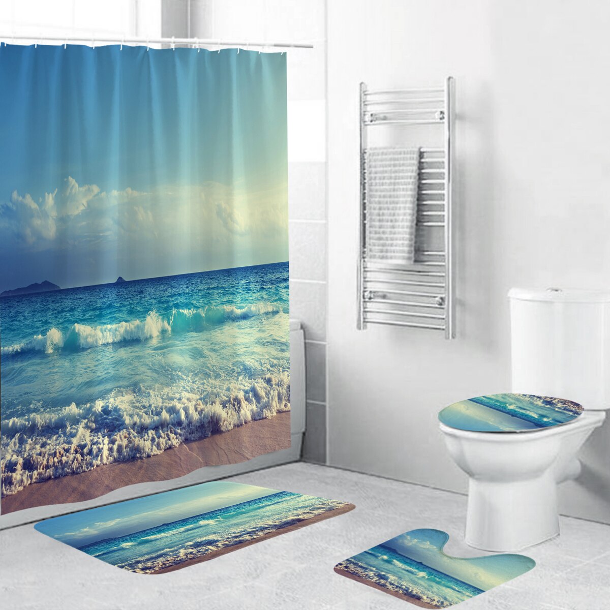 Coastal Strand Landschap Gedrukt Patroon Douchegordijn Voetstuk Tapijt Deksel Wc Cover Mat Badmat Set Badkamer Gordijnen Met Haken: L 4PCS