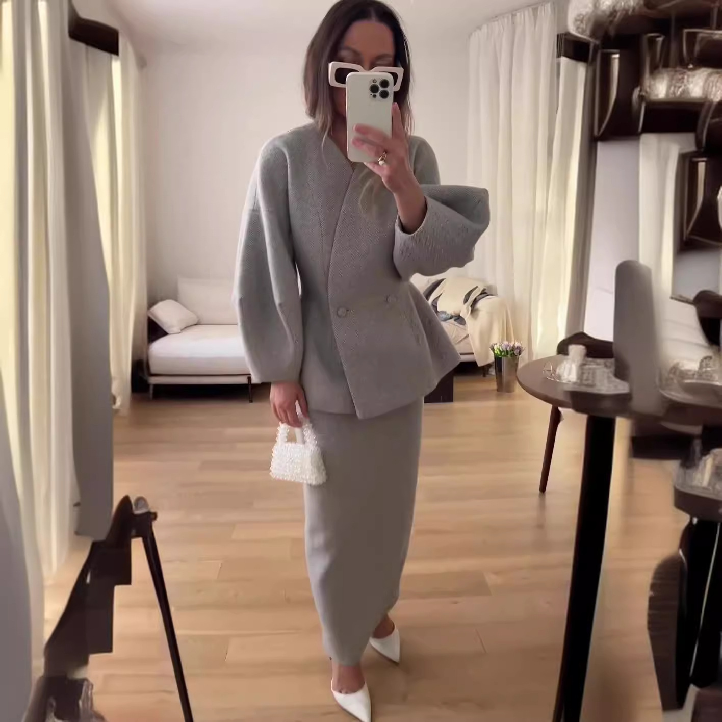 Elegante blazer jas rok set dames slanke v-hals lange lantaarn mouw jas top midi rokken past 2-delig kantoor chique outfits