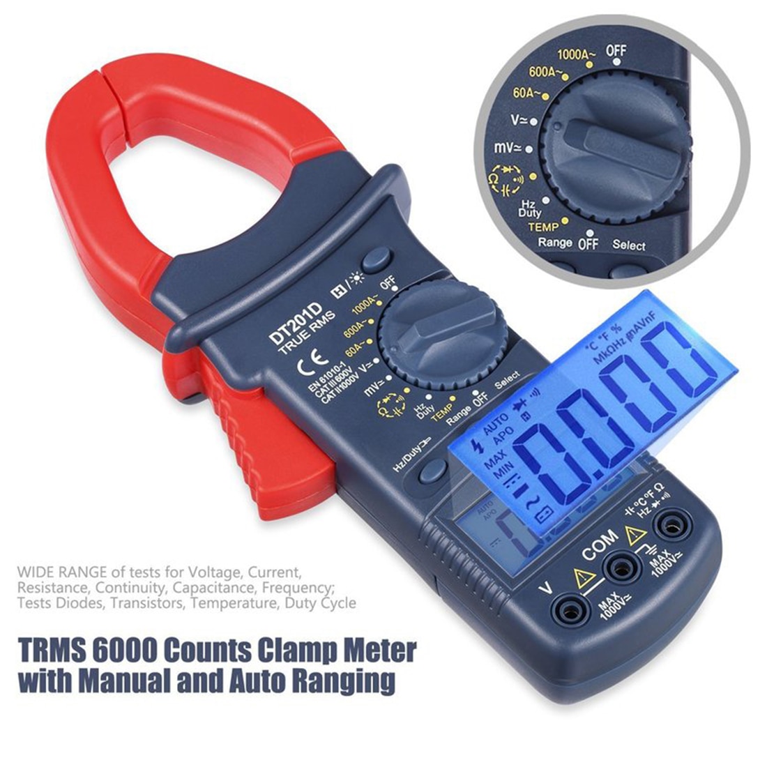 DT201 1000V DC Current Clamp Meter LCD Digital Handhold Tools Digital Clamp Meter AC/DC Multimeter Clamp Ammeter Large Jaw