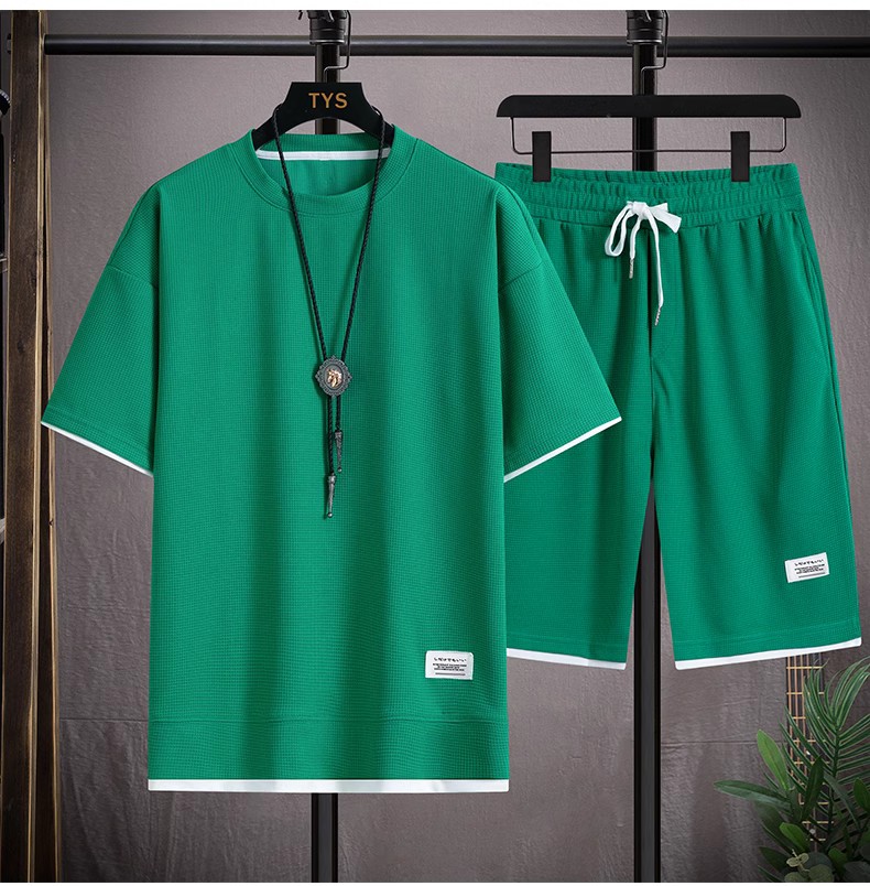 Conjunto deportivo de manga corta y pantalones cortos para hombre, chándal informal, cómodo y fresco, de gran tamaño, Verano: M / Verde