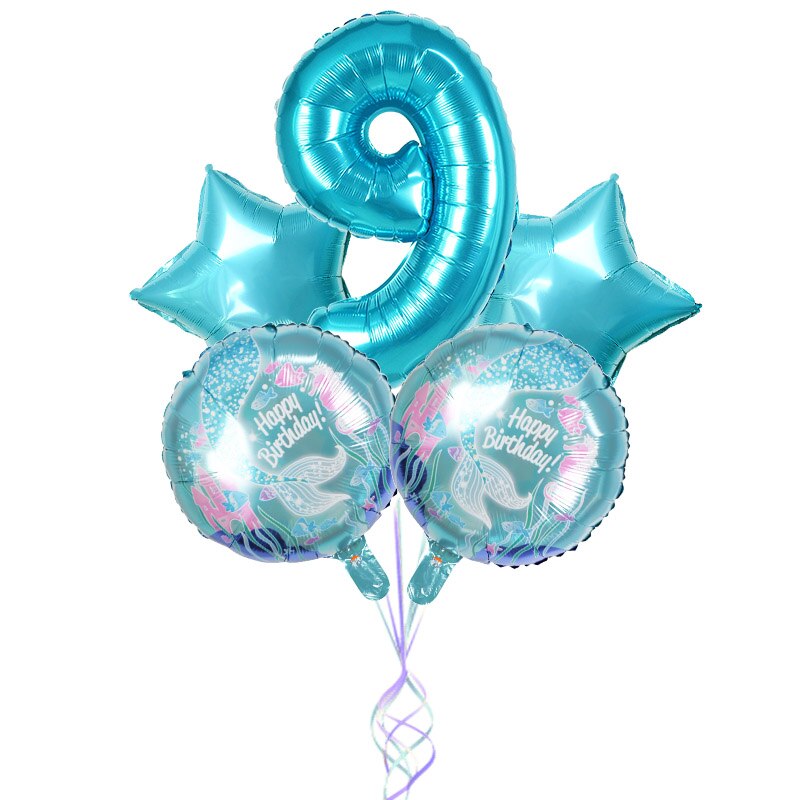 5Pcs Mermaid Theme Party Foil Balloons Little Mermaid Balloon Kids Birthday Party Decorations Mermaid Baby Shower Supplies: Number9 set