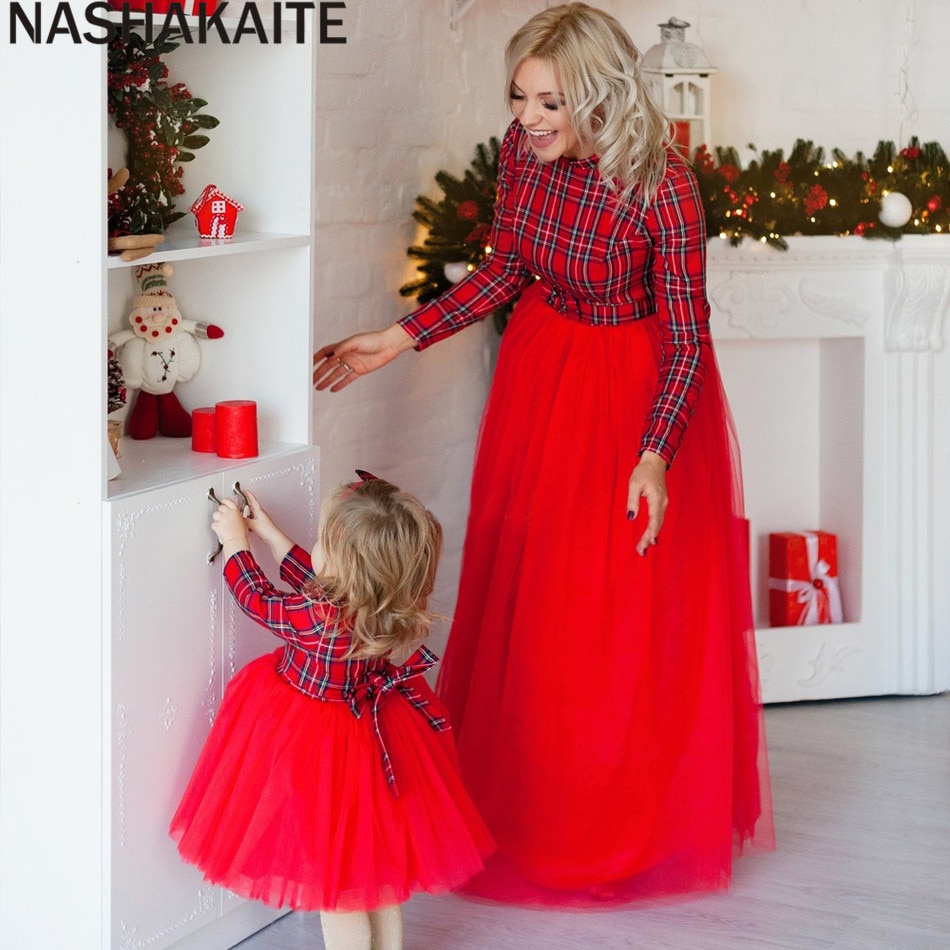 NASHAKAITE Mother Daughter Dresses Plaid Stitching Mesh Hem Long-sleeve Matching Dresses Autumn Winter Mommy and me clothes