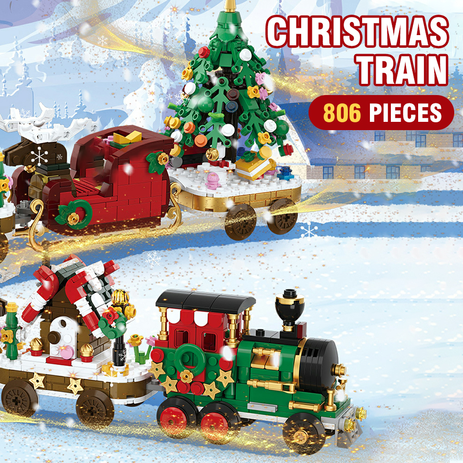 Christmas Micro Building Blocks Train Santa Claus Sleigh Carriage Christmas Tree Assembly Bricks Toys Year Kids