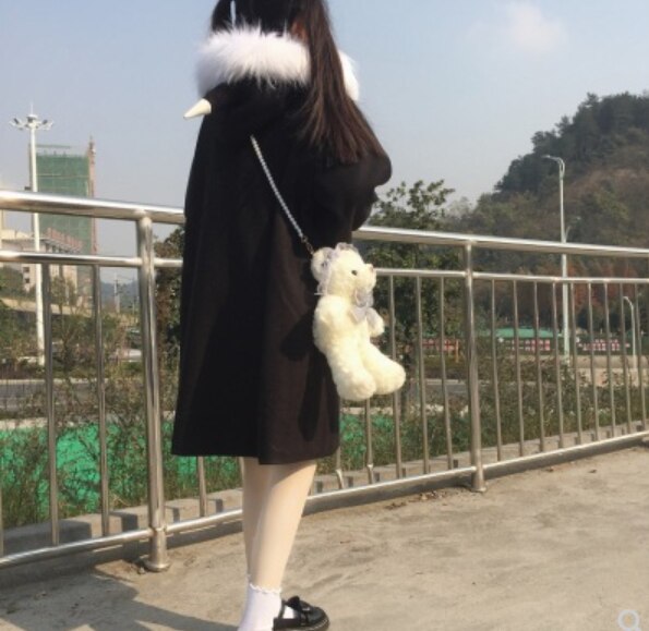 Koreańnarty styl Harajuku słodki zimowy ciepły płaszcz śliczny kawaii księżniczka temperament płaszcz żeńnarty czarny długi płaszcz lolita cos loli