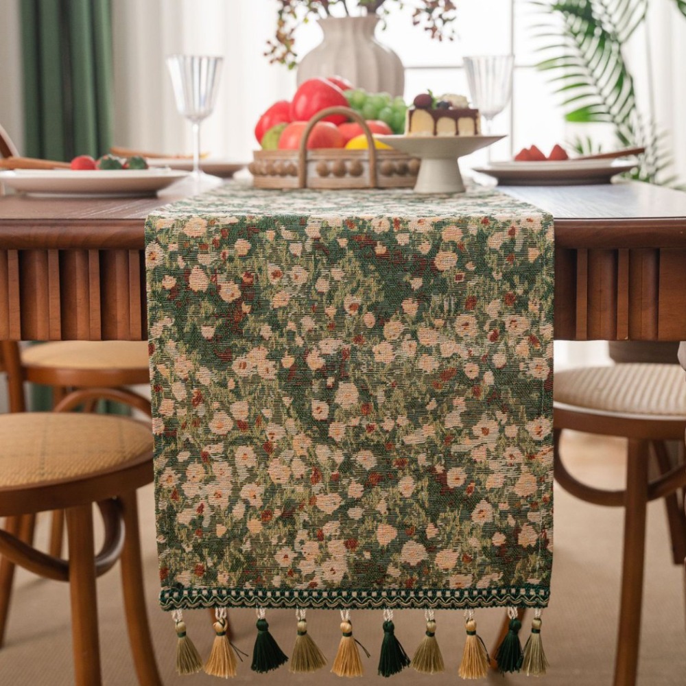 Heminredning vintage jacquard bordslöpare blommönster med tofsduk förtjockad bordsduk middagsfest: Vinröd