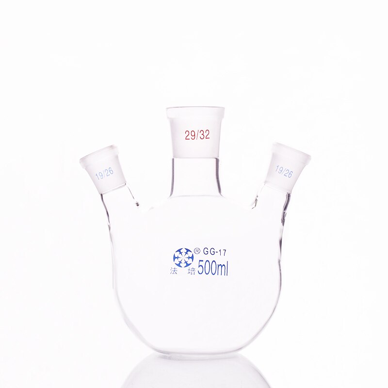 Three-necked flask oblique shape,with three necks standard grinding mouth 500ml 19/26+29/32+19/26,Three-necked flat bottom flask