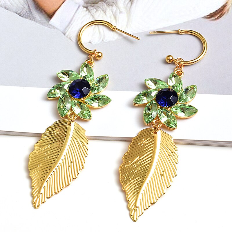 Metalen Blad Oorbel Hoge Kristallen Bloem Lange Earring Sieraden Accessoires Voor Vrouwen: Green