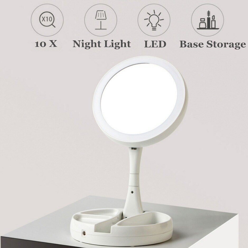Foldable USB Charging Battery Led Makeup Mirror White Vanity Cosmetic Mirror with Light 10X Magnifying Makeup Storage Mirrors