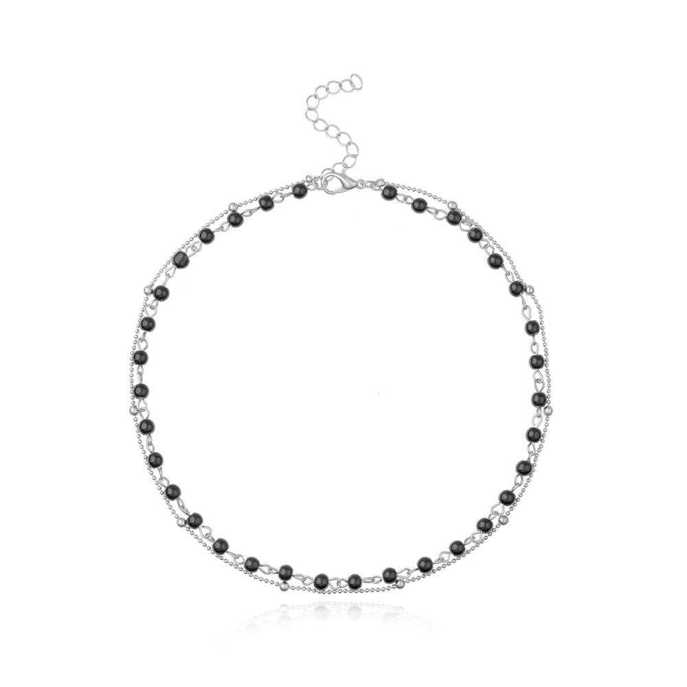 Doppel Schicht Halsband Halskette Für Frauen Schwarz und Weiß Perle Kette Halskette Collier Femme Schmuck: Schwarz Silber-