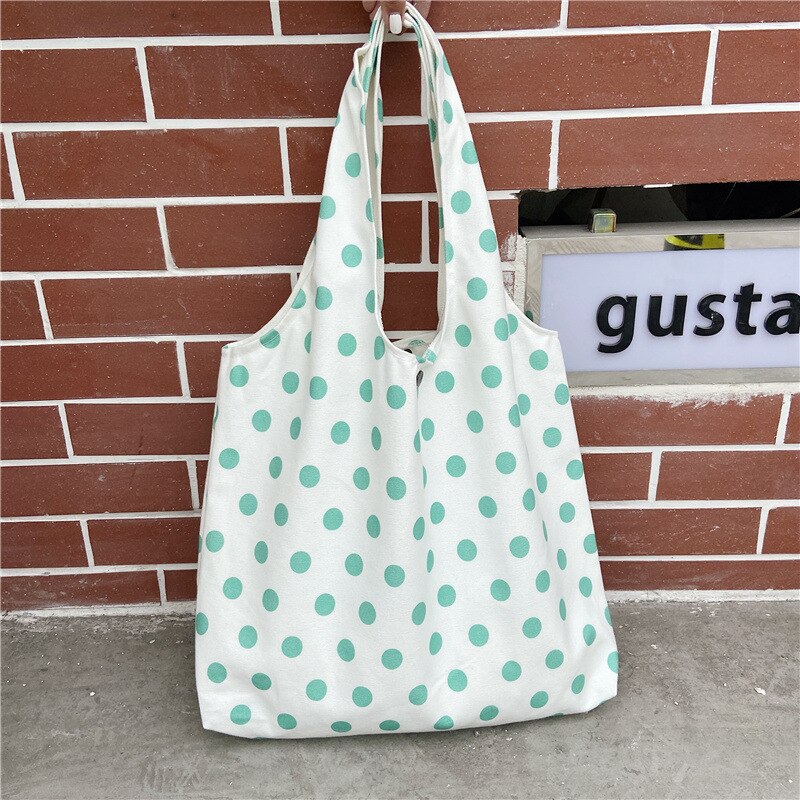 Retro Polka Dot mujeres bolsos de lona estudiante Simple hombro bolsa Vintage de mujer playa Casual bolso bolsas de compras: green