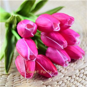 10 ks modrozelené tulipány umelé kvety skutočný dotyk pu artificiales para decora kytica domov svadobná výzdoba umelé kvety: Fuchsiová 22