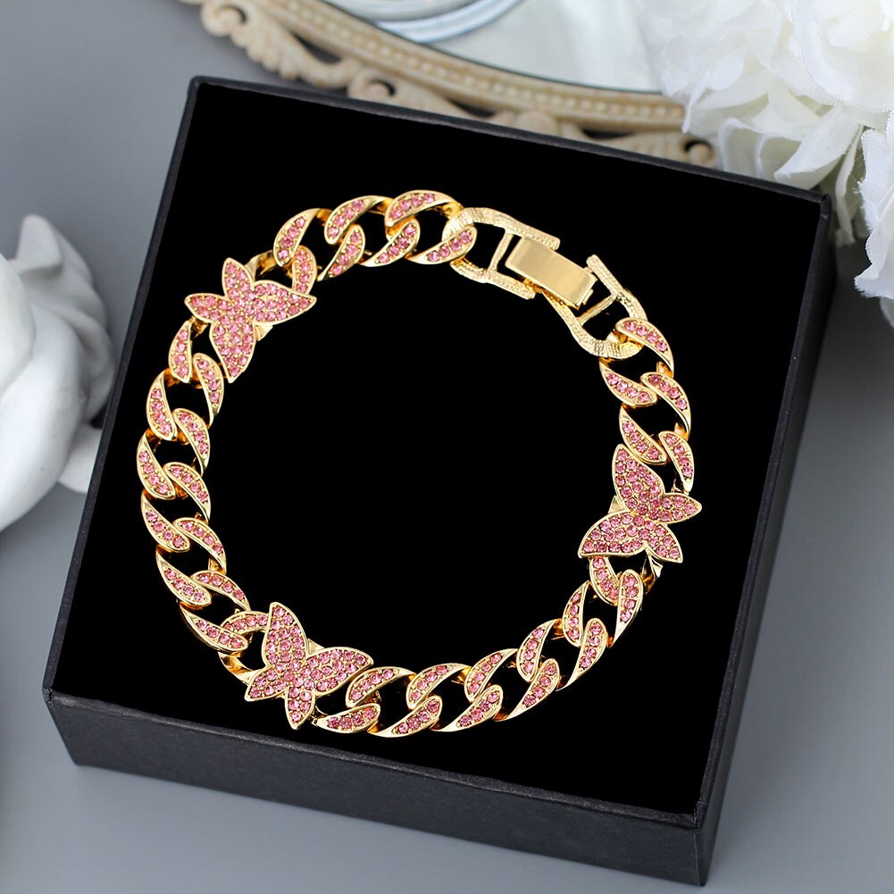 Caraquet-tobillera Punk Hip Hop para mujer, cadena de eslabones cubanos, Color dorado y plateado, pulsera con cristales y mariposas para pie, joyería: 004903RR